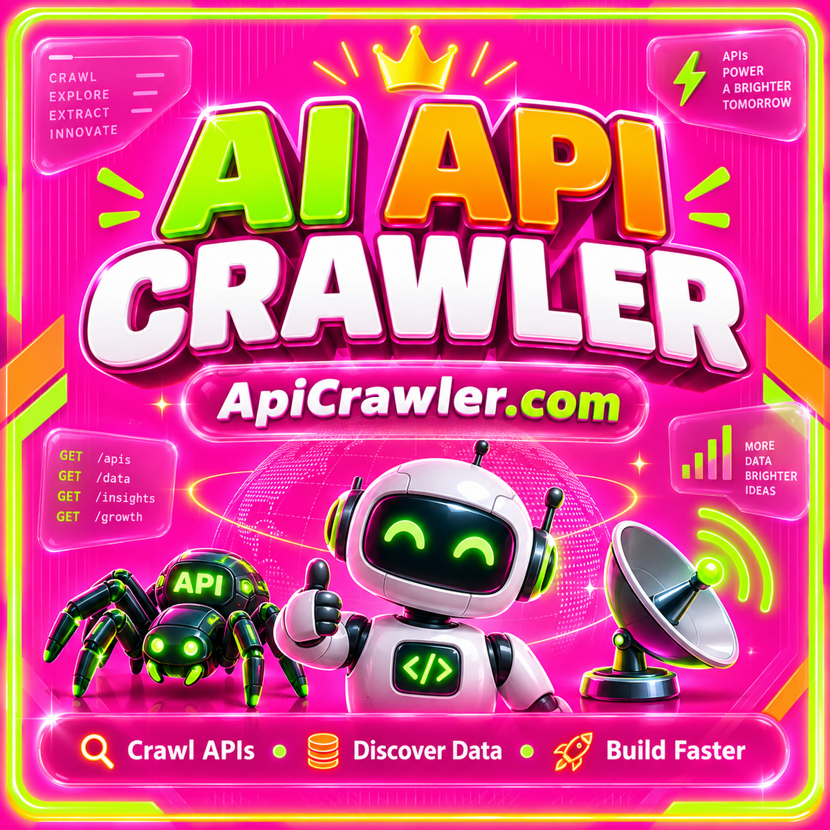 AI API Crawler: neon pink typography with lime and orange accents and ApiCrawler.com branding