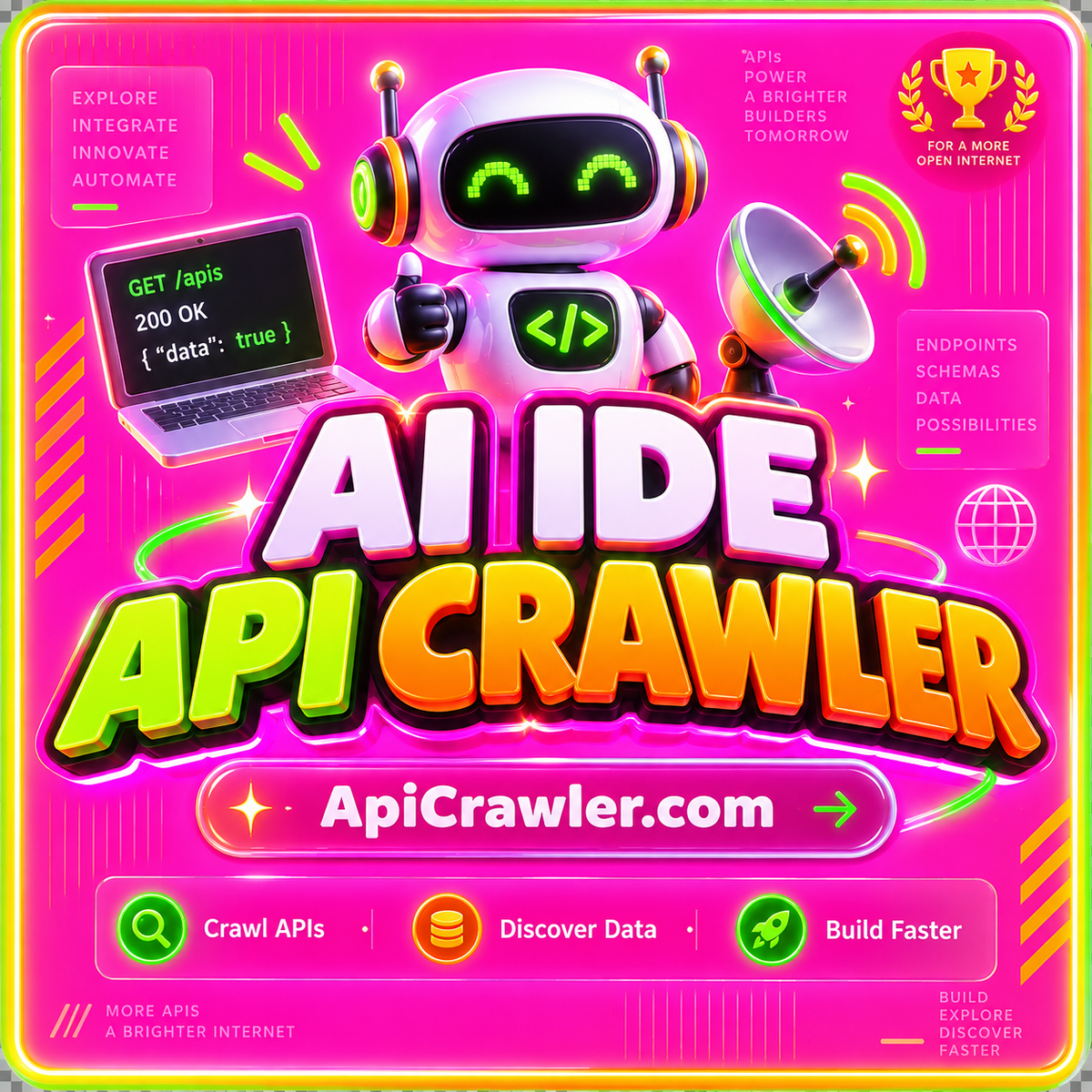 AI IDE API Crawler: neon pink typography with lime and orange accents and ApiCrawler.com branding