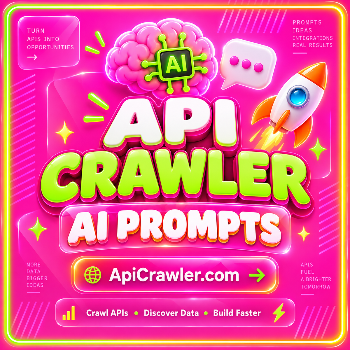 API Crawler AI Prompts: neon pink typography with lime and orange accents and ApiCrawler.com branding