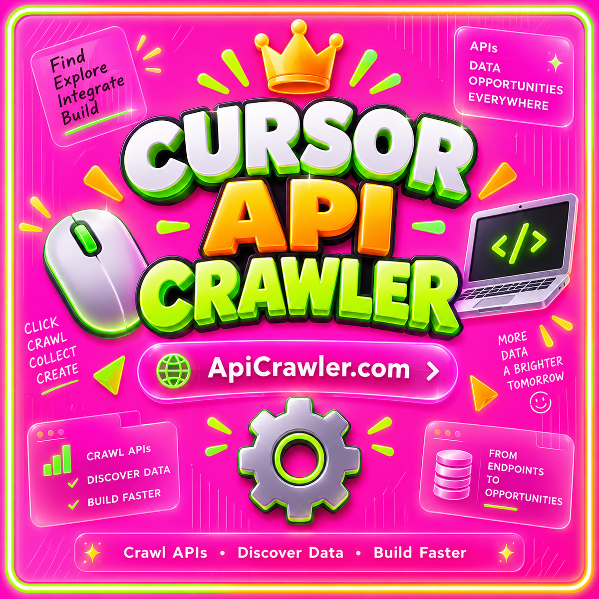 Cursor API Crawler: neon pink typography with lime and orange accents and ApiCrawler.com branding
