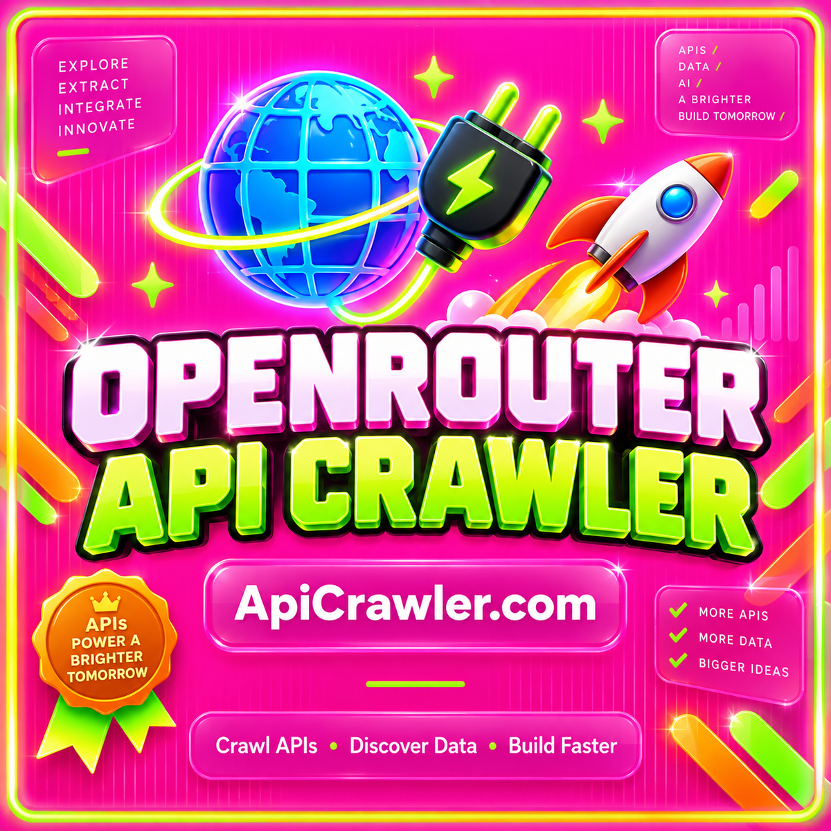 OpenRouter API Crawler: neon pink typography with lime and orange accents and ApiCrawler.com branding