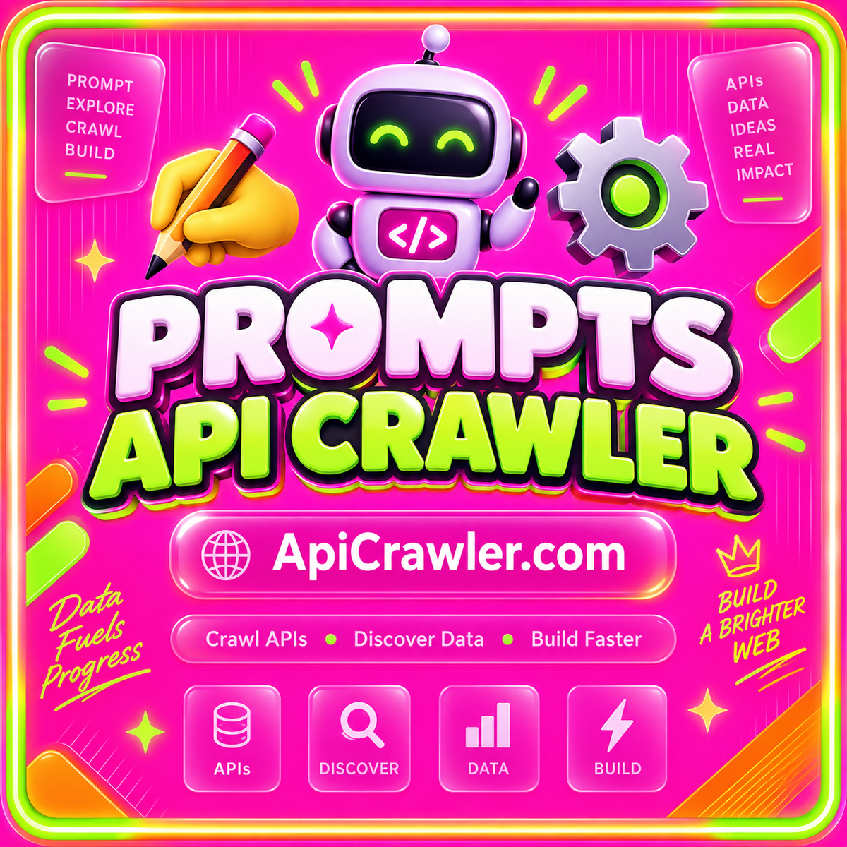 Prompts API Crawler: neon pink typography with lime and orange accents and ApiCrawler.com branding
