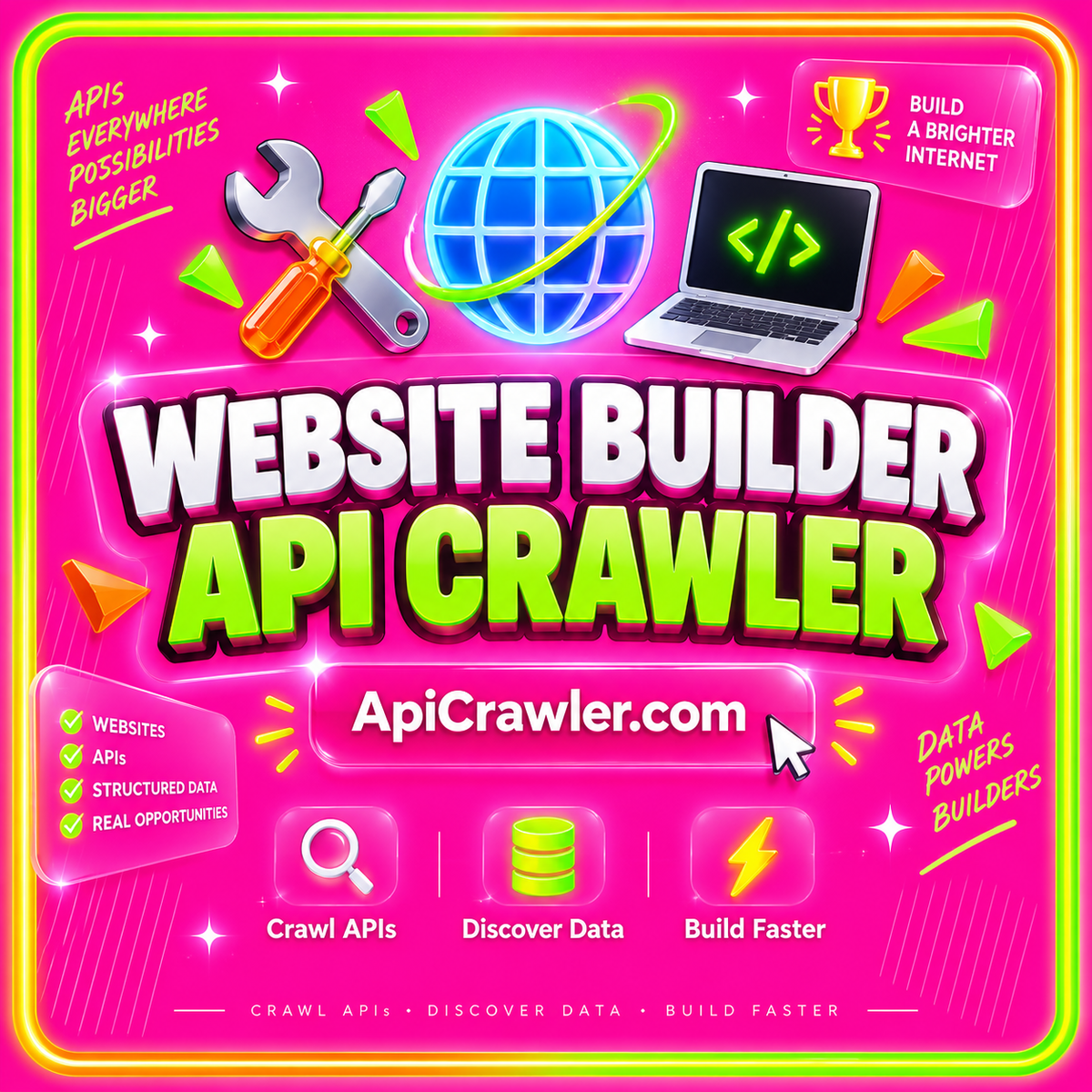 Website Builder API Crawler: neon pink typography with lime and orange accents and ApiCrawler.com branding